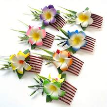 1pc Tropical Artificial Hibiscus Flower Hair Comb - Hawaiian Bridal Hair Accessory, Includes Yellow, Blue, Pink Flowers And Green Leaves, Suitable For Straight/Wavy/Curly Hair - Beach Wedding Decor, Tropical Party Accessory, Realistic Floral Design, Polyester Flower Print Boho, Combs, Hair Comb, Side Comb, Combs For Hair, Bride To Be