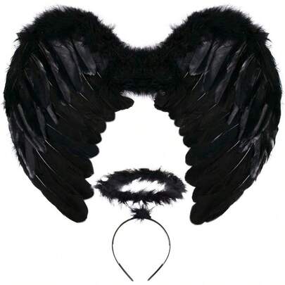 SEVADA Black Angel Wings And Halo, Angel Costume For Adult, Devil Dark Angel Costumes For Adults Women Men, Fallen Feather Angel Wing For Girls Teen Boys