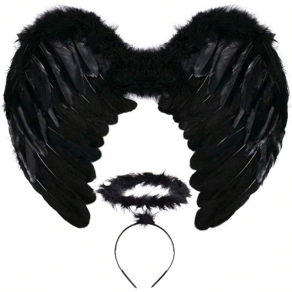 SEVADA Black Angel Wings And Halo, Angel Costume For Adult, Devil Dark Angel Costumes For Adults Women Men, Fallen Feather Angel Wing For Girls Teen Boys