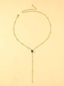 1 pieza Collar en forma de Y con borla larga de cristal verde estilo bohemio, accesorio de vestimenta de escote en V para playa de verano para mujer