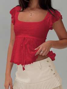 Women's Summer Slim Cropped Tops Flying Sleeve Square-Neck Tie Bow Front Jacquard T-Shirt - 紅色 - 查看 3