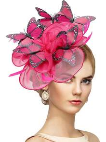 Organza Fascinators Hats - Monarch Tea Party Hat With Hairpin, 2025 Derby Headwear - 玫紅色 - 查看 1