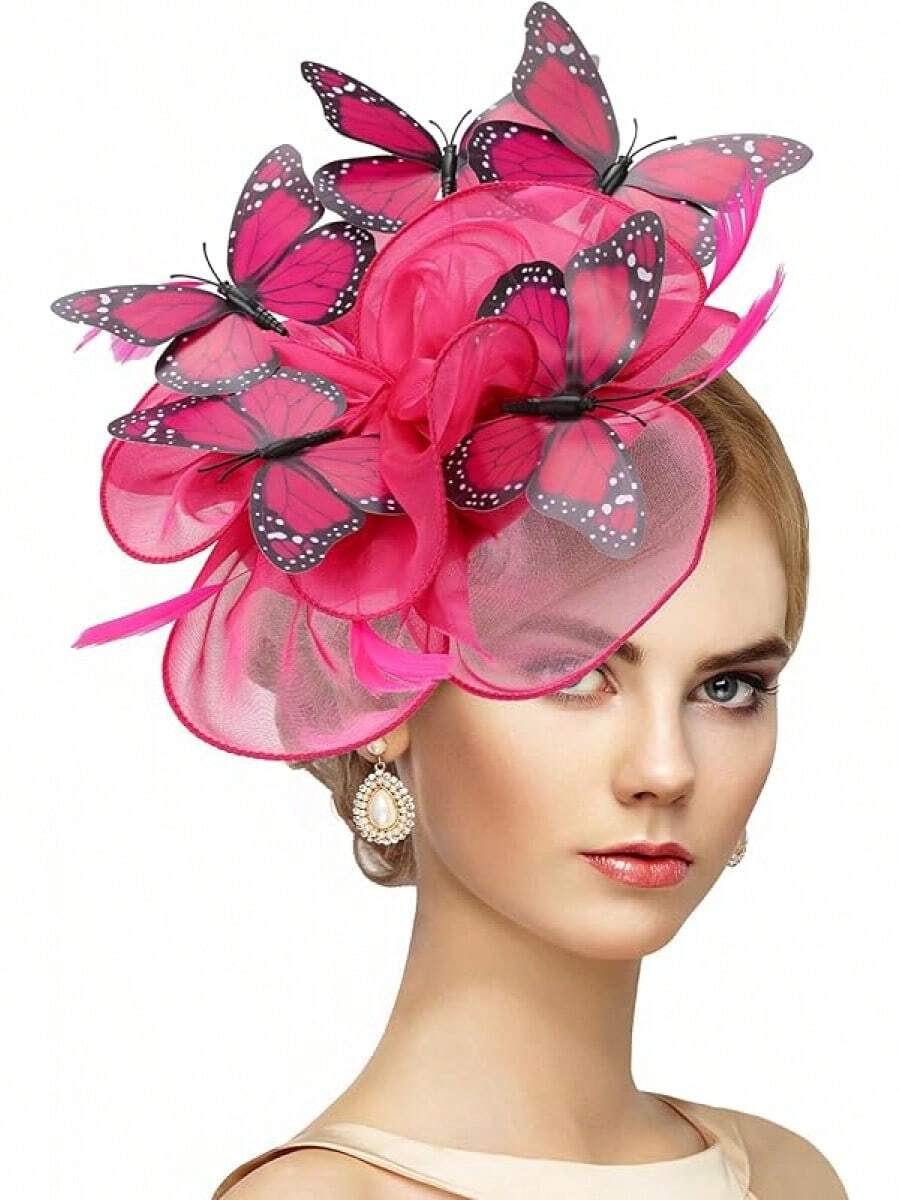 Organza Fascinators Hats - Monarch Tea Party Hat With Hairpin, 2025 Derby Headwear - 玫紅色 - 查看 1