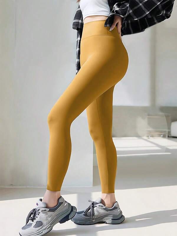 1 pieza Pantalón de yoga con control de abdomen, ligero y transpirable, de color amarillo mostaza, adecuado para uso casual diario, entrenamiento físico, correr como mallas, longitud 7/8