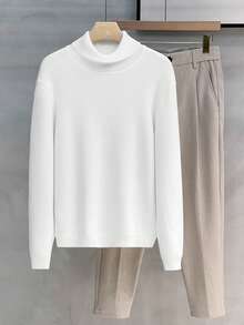Men's Solid Color Long Sleeve Casual Turtleneck Knit T-Shirt , Fall - White - View 3