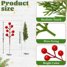 26/45 buc ramuri artificiale de pin cu tulpini de fructe de pădure roșii, ramuri de cedru verde artificial de Crăciun, ace de pin verdeață false pentru coroane, ghirlande, artizanat DIY și decorațiuni de Crăciun