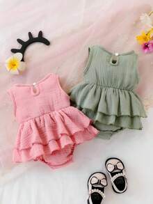 2pcs/Set Soft & Breathable Casual Elegant Sweet Cute Newborn Baby Girl Cotton Layered Ruffle Hem Romper Dress Outfit, Suitable For Daily Wear, Vacation, Party, Outdoor Activities And Photography - Multicolor - View 3