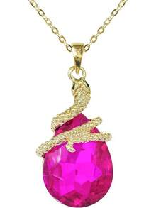 18k Gold Plated Water Drop Crystal Multicolor  Snake Pendant Necklace 16"+2"2025 - Hot Pink - View 1