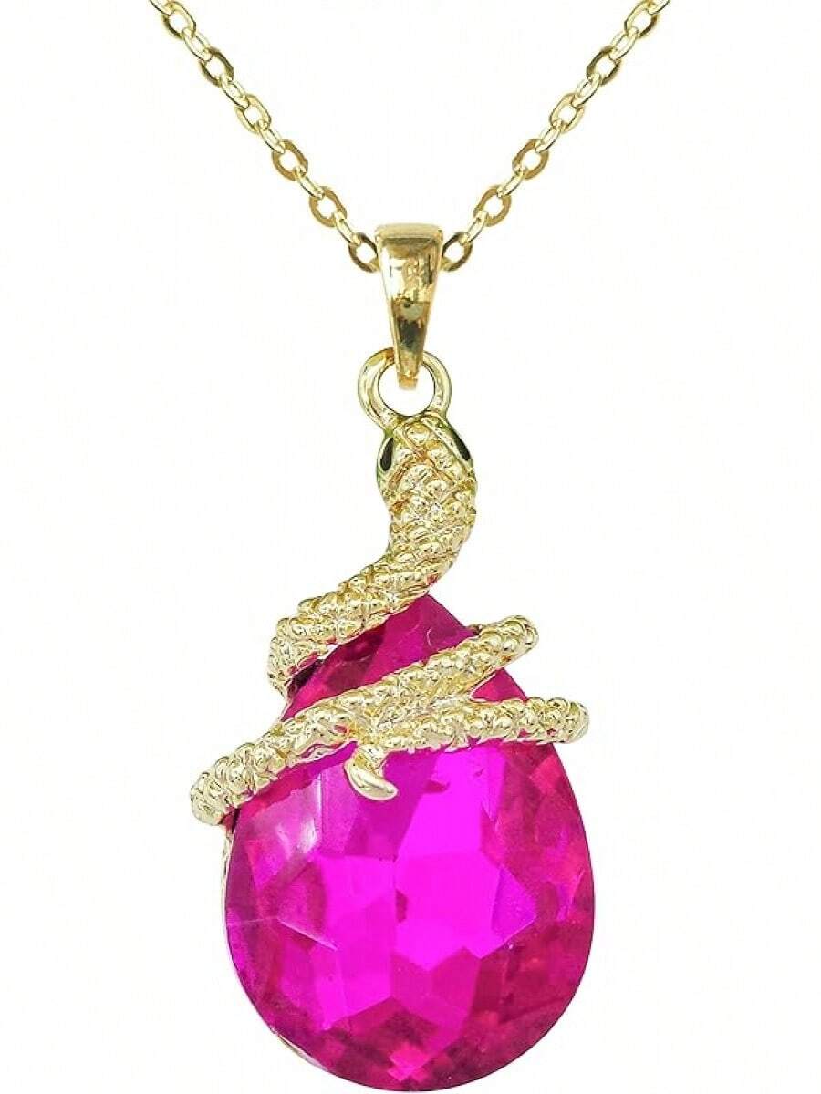 18k Gold Plated Water Drop Crystal Multicolor Snake Pendant Necklace 16"+2"2025 - Hot Pink - View 1