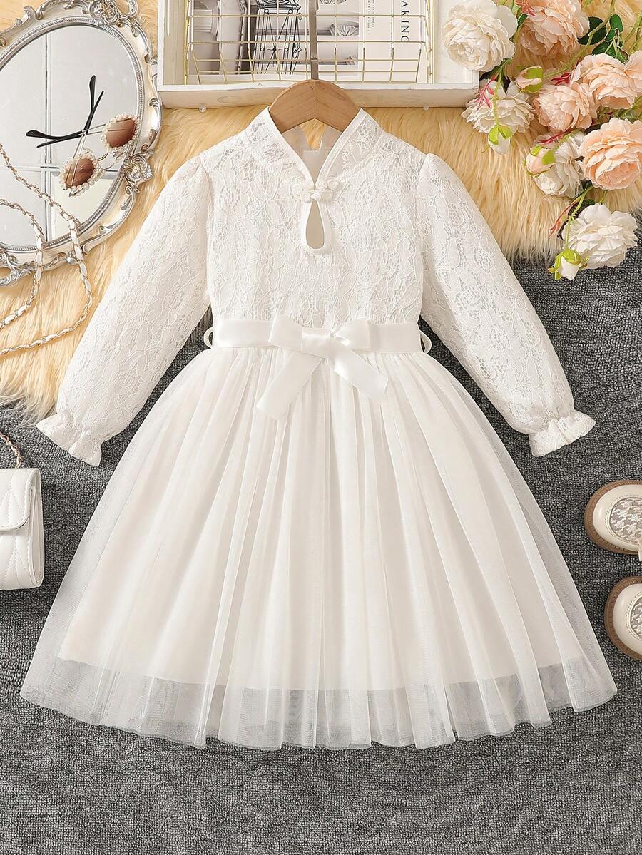 coviviky Vestido de estilo cheongsam de manga larga con encaje blanco para niñas, vestido inspirado en la cultura china con elegante encaje y falda de malla, uso formal e informal sofisticado y lindo