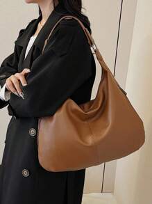 1个女士时尚简约手提包 - 大容量单肩托特包，带安全拉链，百搭时尚配饰，有浅黑色/酒红色/棕色可选 - 棕色 - 查看 3