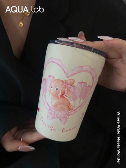 1 件 360ml/12oz 可爱兔子和郁金香咖啡杯不锈钢带滑盖，Kawai 花卉设计，粉色心形樱花旅行杯，送给女孩的礼物，原装不锈钢双层真空隔热杯，保温杯，旅行和户外杯，健身和运动杯，平底杯，汽车杯