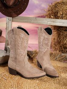 Fall/Winter 2025 New Vintage Western Style Chunky Heel Versatile Comfortable Slip-On Pointed Toe Mid-Calf Boots With Embroidery,Cowboy Boots - Khaki - View 6