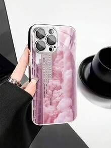 1pc Fashionable Minimalist Cloud & Architecture Pattern Tempered Glass Material With Lens Film, Electroplated Anti-Fall Scratch-Resistant Anti-Fingerprint TPU Soft Protective Phone Case Compatible With Apple Models - Multicolor - View 1