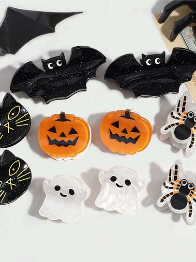 1pc Women's Halloween Acrylic Hair Claw Clip, Shark/Bat/Pumpkin/Ghost/Black Cat/Spider Design Hair Clip, Cute & Funny Hair Accessory, Suitable For Daily Wear, Parties, Halloween Costumes, Back To School, Valentine's Day, Hair Styling Tool, Women Accessories Hair Accessories Autumn Accessories Festival Accessories Fall Hair Clutch Winter Decor For Vacation Outfits Woman