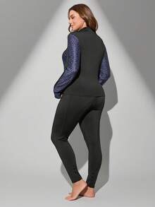 Plus Size Women's Autumn/Winter Sports Suit, Long Sleeve Leopard Print Zip-Up Jacket With Pockets, Soft High-Waist Skinny Pants With Pockets, Outdoor Cycling Patchwork Exercise Casual Outfit - Black - View 6