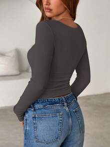 Women Spring And Fall Long Sleeve Shirts Ribbed Crewneck Fitted Basic Tee Going Out Tops Casual Workout Vacation Outfits - 深灰色 - 查看 2