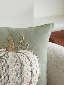 1 buc. Față de pernă brodată cu dovleac verde de Ziua Recunoștinței, 45 x 45 cm, potrivită pentru decor interior, față de pernă decorativă pentru Festivalul Recoltei, inserția de pernă nu este inclusă