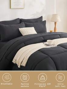 5/7pcs Comforter Set, Bedding, Cozy And Warm Bedding, Solid Color, Easy Care And Comfortable, Breathable Bed Set, For Twin, Full, King, Queen Bed Sizes, Suitable For Bedroom, Mothers Day Decor, Guest Room, Dormitory, All Seasons, Mothers Day Gift, Machine Washable, 1 Comforter, 1 Flat Sheet, 1 Fitted Sheet And 2/4 Pcs Pillowcases - 黑色 - 查看 5