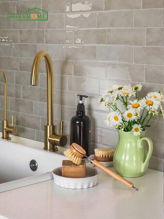 shiny home 1/10/30pcs Green Brick Pattern Imitation Tile Self-Adhesive Wall Stickers, Peel And Stick Wall Tile, Waterproof Wallpaper For Living Room Kitchen Backsplash Bathroom Home,Zellige Style