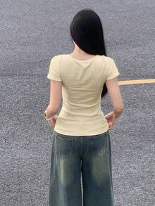 女士夏季韩版短袖纯色字母印花修身休闲T恤 - 杏色 - 查看 5