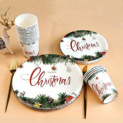 Christmas Green Christmas Tree Merry Christmas Theme Party Tableware Set, Includes 9-Inch, 7-Inch Paper Plates, Dessert Plates, Paper Cups