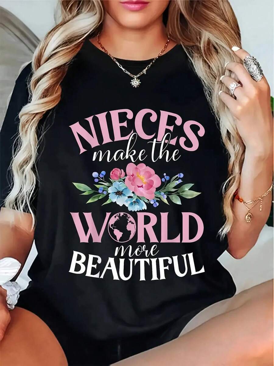 1 T-shirt imprimé, un incontournable pour la fête des parents, nouvelle tendance estivale, chemise à motifs pour mettre en valeur la beauté du monde, haut décontracté à manches courtes et col rond pour femme, motif floral, noir, T-shirt femme 180G. - Noir - Voir 1