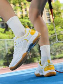 Women's White & Yellow Solid Color Sports Shoes, Microfiber Leather Lace-Up, Mesh Splice, Breathable, Suitable For Running, Gym, Badminton, All Season