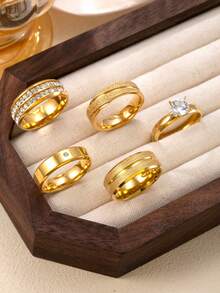 4/5pcs Fashionable & Elegant Stainless Steel Gold-Tone Women Rhinestone Ring Set, Suitable For Daily Wear, Festivals, Dates, Engagements, Weddings, Gift For Lover, Friend, Family - Gold - View 18