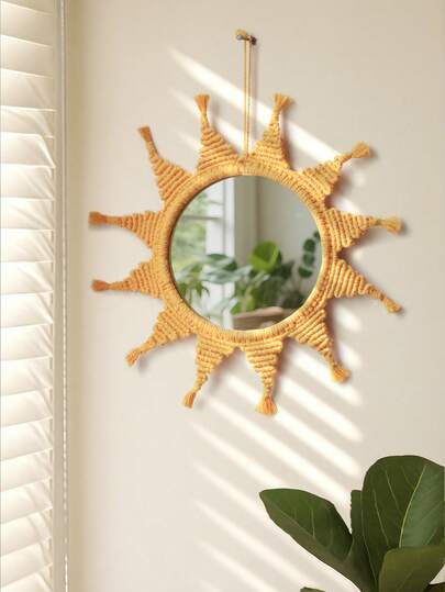 1 件波西米亚风格太阳形壁镜，编织装饰镜，适用于客厅、卧室、玄关、儿童房、浴室，打造波西米亚农舍风格装饰墙面艺术