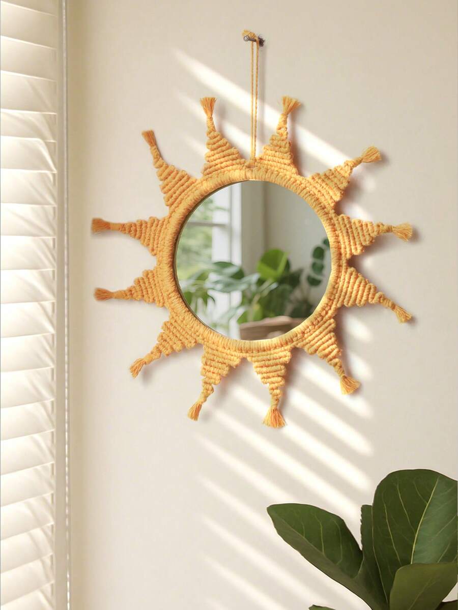 1 件波西米亚风格太阳形壁镜，编织装饰镜，适用于客厅、卧室、玄关、儿童房、浴室，打造波西米亚农舍风格装饰墙面艺术