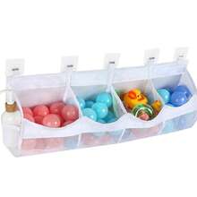 Organizator mare pentru jucării de baie, cu 4 compartimente, cu uscare rapidă, din plasă, cu 5 cârlige, acces și sortare ușoară, capacitate mare de depozitare în colț pentru baie, suport multifuncțional (roz)