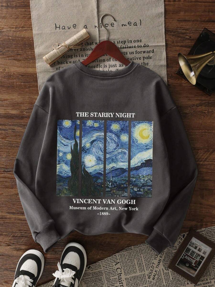 女士休闲圆领运动衫，带有极简主义风格的绘画和字母印花，时尚百搭，秋冬 - 深灰色 - 查看 1