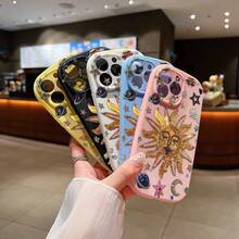 Light Pink Silicone Phone Case With Artistic Sun & Celestial Elements (Embroidered Sun, Stars, Planets, Hand - Crafted Style) - Stylish, Shockproof, Thick Protective Cover For IPhone 16/16 Pro/16 Plus/16 Pro Max/15 Pro Max/13/14/12