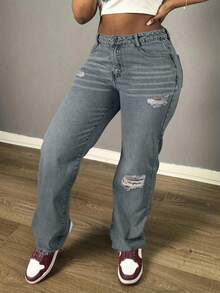 Women's Casual Loose Straight Leg Jeans, Paired With Distressed Decorations, Suitable For All Seasons, Suitable For Daily Outings, Parties, Back To School Season, Back To School Season, Rural Concerts - 灰色 - 查看 3