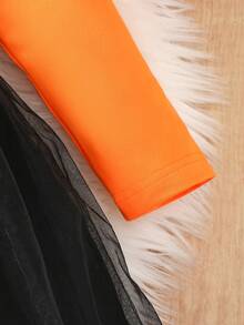 Girls' Fashionable Outdoor Casual Breathable Loose Halloween Orange Pumpkin Ghost Bat Mesh Long Sleeve Dress, Autumn - Orange - View 8