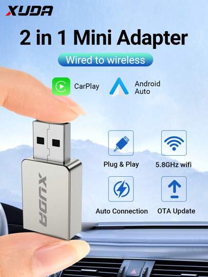 XUDA 2025 New Super Mini Carplay Ai Box Wired To Wireless CarPlay And Android Auto 2in1 Adapter For 99% Origianl Car With Wired CarPlay/Android Auto 2.4~5.0 GHz WiFi5 Stylish And Portable, Without Battery