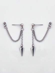 1对不锈钢锥形吊坠朋克耳环，带链子，低过敏性 - 銀色 - 查看 6