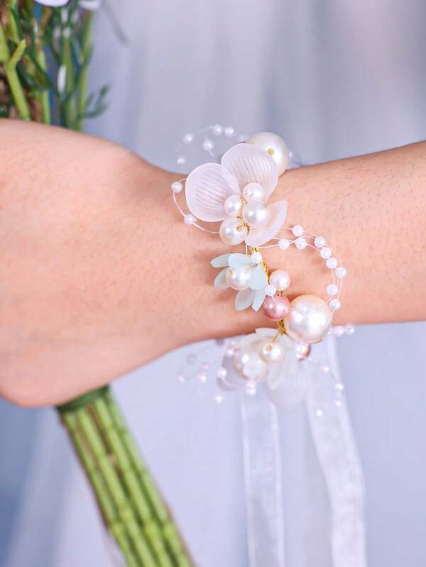 1 件手工花卉腕花，浪漫紫玫瑰粉珍珠伴娘手链，绿色自然风格婚礼配饰