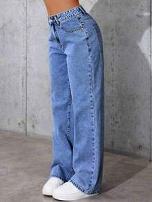 少女蓝色休闲直筒牛仔裤 - 中等水洗藍 - 查看 2