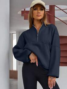 tooluck Women's Long-Sleeved, Loose-Fitting, Fleece Sweatshirt With A Half-Zipper. A Fashionable, Cropped Pullover With Warm, Athletic Fit. Loungewear With Pockets S-2XL - 藏蓝色 - 查看 5