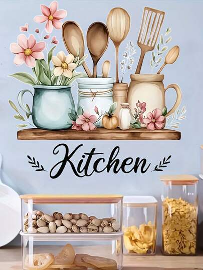 1 pieza Adhesivo de pared para la cocina - Botellas de especias y patrón floral, vinilo autoadhesivo desechable, adecuado para decoración de cocina, sala de estar y comedor - Arte moderno lavable para el hogar, decora tu hogar, trae ambiente festivo, papel tapiz de ilustración divertida