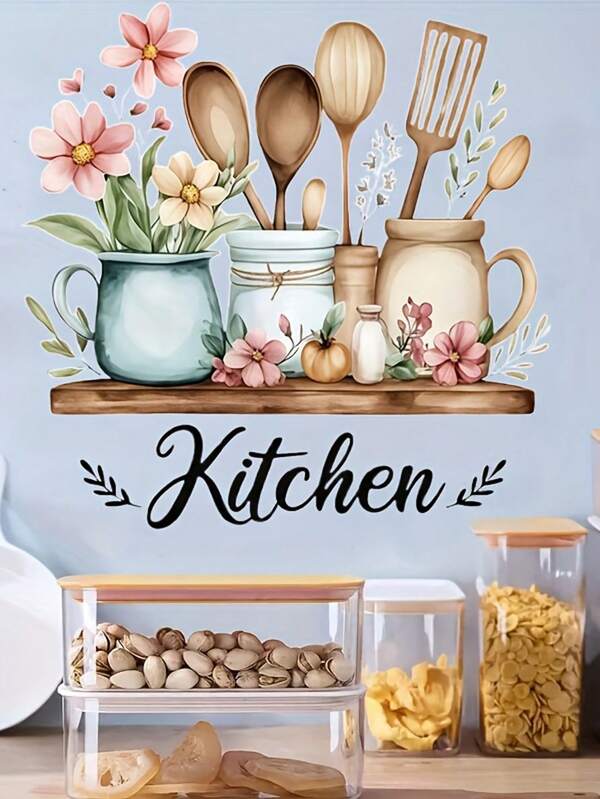 1 pezzo Adesivo da parete per cucina - Bottiglie di spezie e motivo floreale, decalcomania in vinile autoadesiva e rimovibile, adatta per decorazione di cucina, soggiorno e sala da pranzo - Lavabile, arte moderna per la casa, decora la tua casa, porta un'atmosfera festiva, carta da parati con illustrazione divertente per camera da letto, soggiorno e decorazione della parete