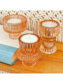 Doube Sided Vintage Ribbed Rose Gold Pink Glass Candlestick Holders, Pillar Candle, Tealight & Votive Candle Holders (Set Of 6, 3 Sizes), Dining Table Decor, Shelf Decor, Centerpiece - 玫瑰金色 - 查看 4
