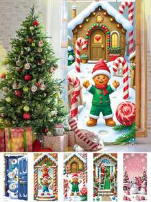 1pc Winter Snowman Blue Door Decor Set, Pine Tree Lantern Snowflake Front Door Hanging Banner Background, Christmas Seasonal Indoor Outdoor Home Decor, Christmas Decoration, Made Of Polyester, Suitable For Christmas Party Decor, Holiday Party Supplies, Photo Prop, New Year, Christmas Christmas Decorations Room Decor - Multicolor - View 7