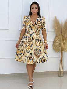 Women's Casual Elegant Printed Dress In Romantic Fabric - Yellow - View 2
