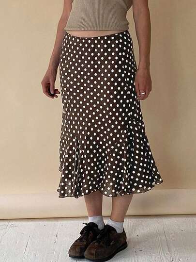 Women Polka Dot Skirt Casual Elegant Mid Rise Ruffled Hem Midi Skirt A-Line Pencil Skirt For Beach Vacation Streetwear
