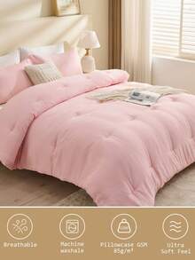 3pcs Comforter Set, Bedding, Halloween Decor, Fall Decor, Cozy And Warm Bedding, Solid Color, Easy Care And Comfortable, Breathable Bed Set, For Twin, Full, King, Queen Bed Sizes, Suitable For Bedroom, Guest Room, Dormitory, All Seasons, Halloween Gift, Machine Washable, 1 Comforter And 2 Pcs Pillowcases. - 粉色 - 查看 5