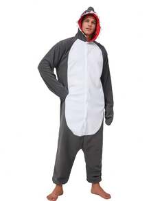 Adult Men's Cartoon Shark One-Piece Pajamas, Autumn And Winter Thickened Animal One-Piece Pajamas, Hooded Warm Home Clothes, Halloween Costumes, Christmas Role-Play Party Costumes - 深灰色 - 查看 3