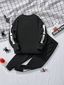 Halloween Kids Long Sleeve & Pants Set, Cartoon Glow-In-The-Dark Pumpkin & Skull Print Pattern, Autumn/Winter Party - Black - View 2